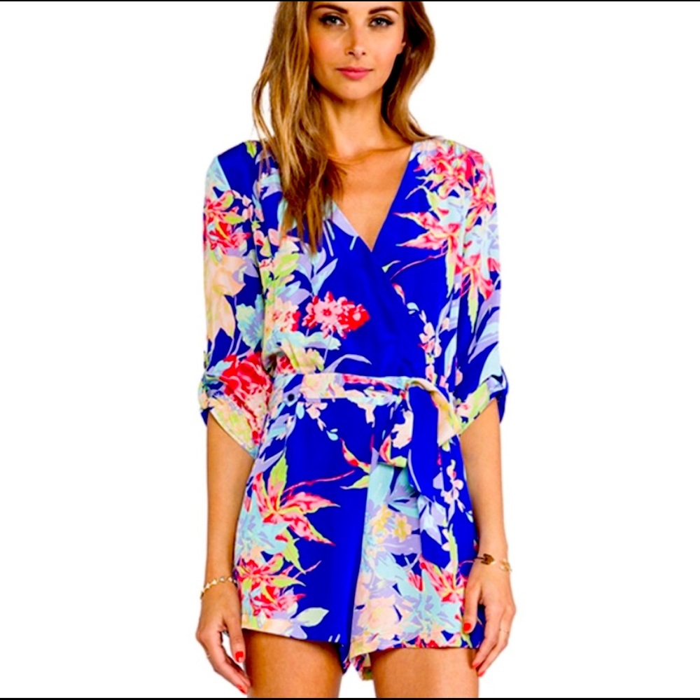 Yumi Kim Bright Blue Floral Wrap Romper